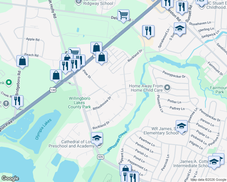 map of restaurants, bars, coffee shops, grocery stores, and more near 49 Rittenhouse Drive in Willingboro