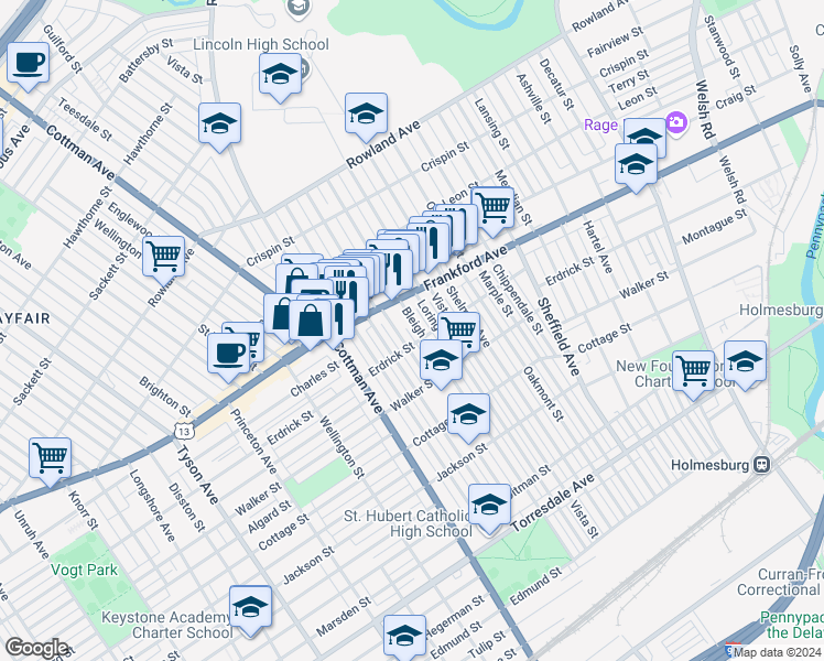 map of restaurants, bars, coffee shops, grocery stores, and more near 4032 Bleigh Avenue in Philadelphia