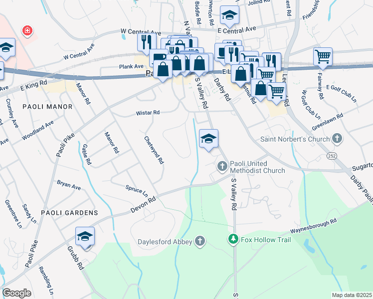 map of restaurants, bars, coffee shops, grocery stores, and more near 16 Cobblestone Drive in Paoli