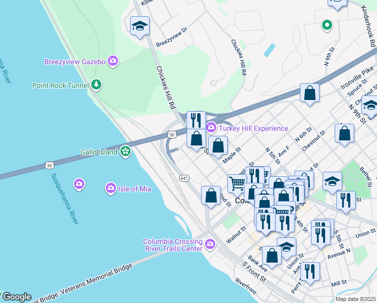 map of restaurants, bars, coffee shops, grocery stores, and more near 529 North 2nd Street in Columbia