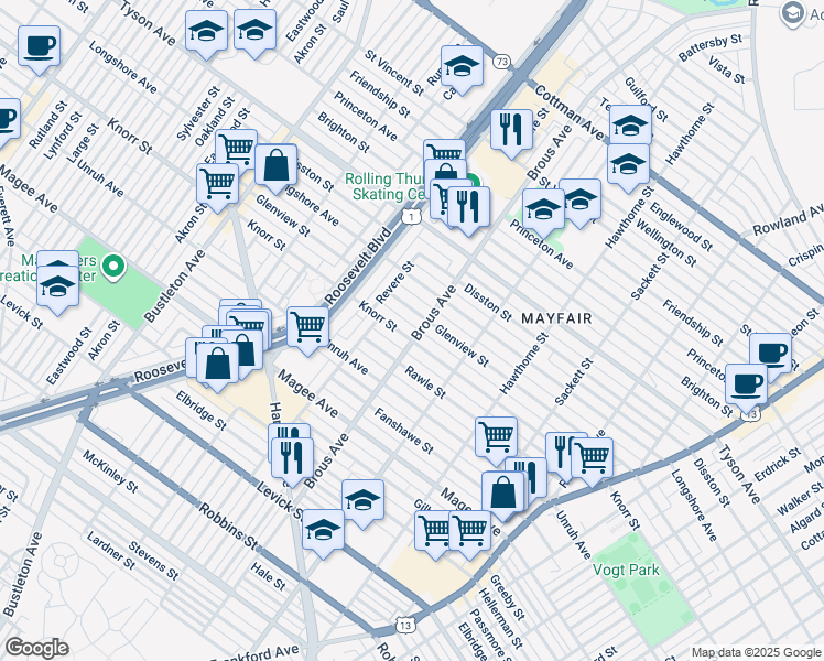 map of restaurants, bars, coffee shops, grocery stores, and more near 2853 Knorr Street in Philadelphia