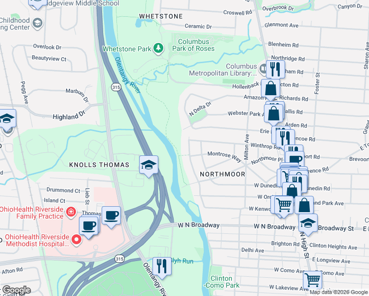 map of restaurants, bars, coffee shops, grocery stores, and more near 3711 Olentangy Boulevard in Columbus
