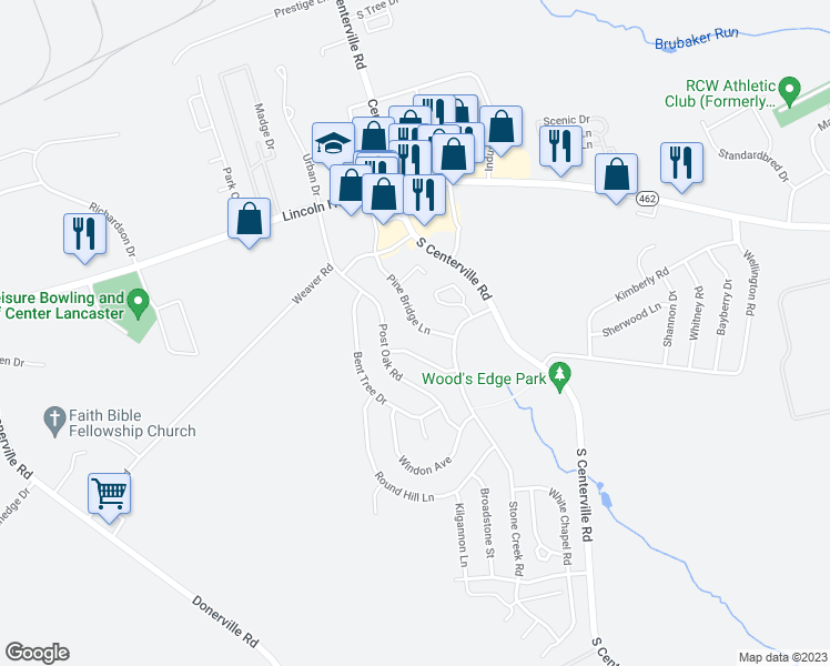 map of restaurants, bars, coffee shops, grocery stores, and more near 245 Pine Bridge Lane in Lancaster