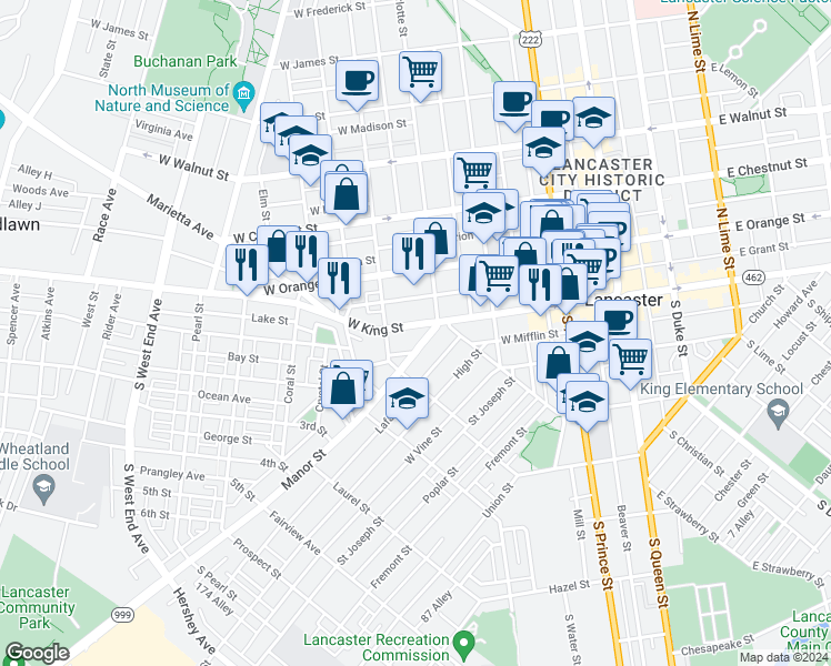 map of restaurants, bars, coffee shops, grocery stores, and more near 422 West King Street in Lancaster
