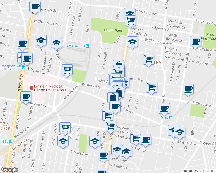 map of restaurants, bars, coffee shops, grocery stores, and more near 543 W Olney Ave in Philadelphia