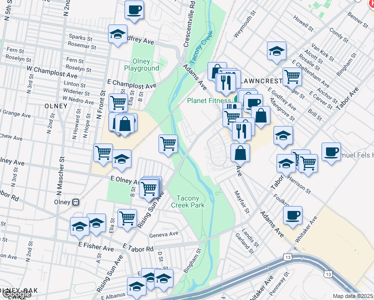 map of restaurants, bars, coffee shops, grocery stores, and more near 5650 Rising Sun Avenue in Philadelphia