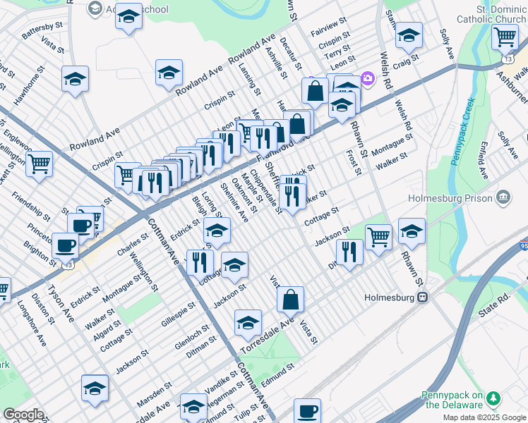 map of restaurants, bars, coffee shops, grocery stores, and more near 4300 Marple Street in Philadelphia