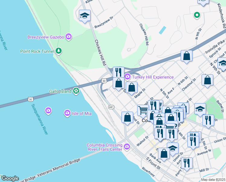 map of restaurants, bars, coffee shops, grocery stores, and more near 531 North 2nd Street in Columbia