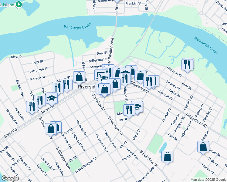 map of restaurants, bars, coffee shops, grocery stores, and more near 24 East Hancock Street in Riverside
