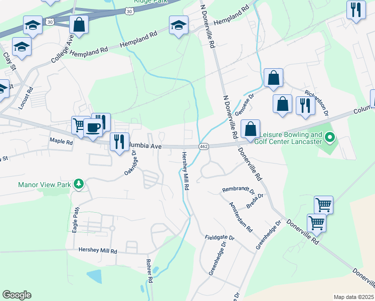 map of restaurants, bars, coffee shops, grocery stores, and more near 3828 Columbia Avenue in Mountville
