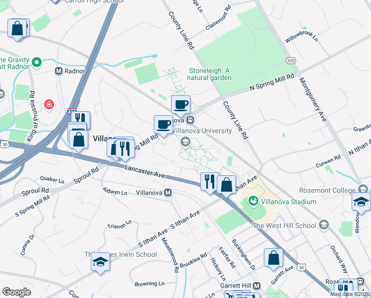 map of restaurants, bars, coffee shops, grocery stores, and more near 800 Lancaster Avenue in Villanova