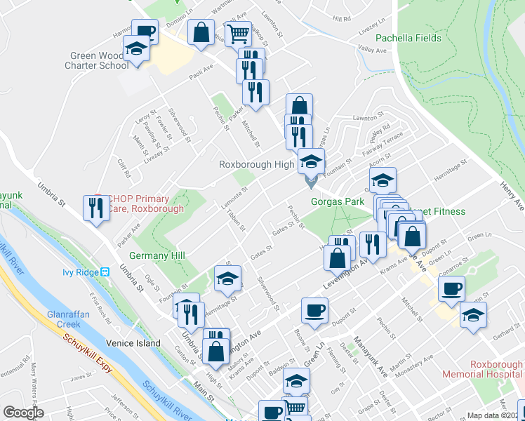 map of restaurants, bars, coffee shops, grocery stores, and more near 310 Fountain Street in Philadelphia