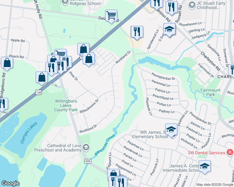 map of restaurants, bars, coffee shops, grocery stores, and more near 81 Rockland Drive in Willingboro
