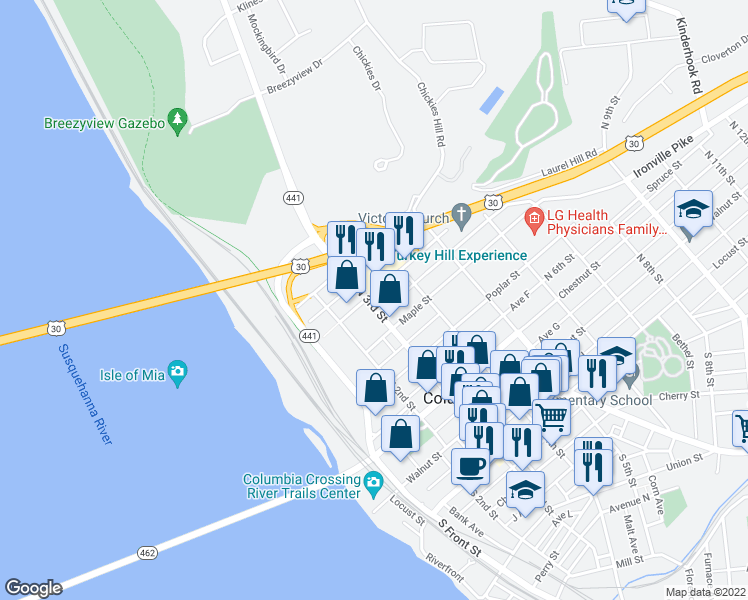 map of restaurants, bars, coffee shops, grocery stores, and more near 447 North 3rd Street in Columbia