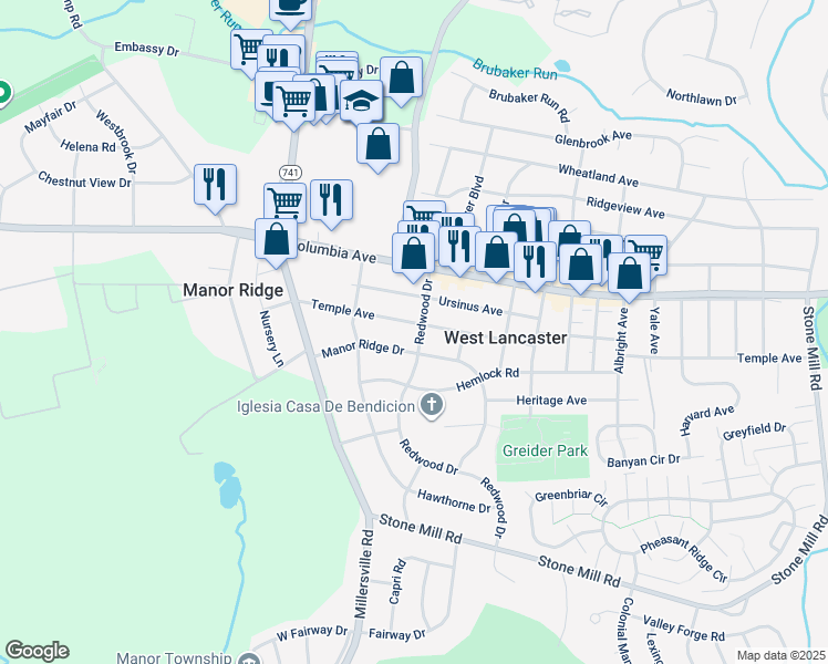map of restaurants, bars, coffee shops, grocery stores, and more near 2000 Temple Avenue in Lancaster