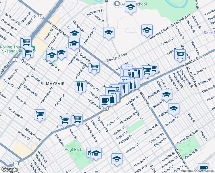 map of restaurants, bars, coffee shops, grocery stores, and more near 3417 Saint Vincent Street in Philadelphia