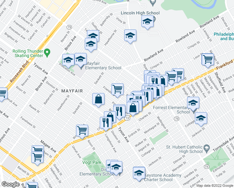 map of restaurants, bars, coffee shops, grocery stores, and more near 3359 Friendship Street in Philadelphia