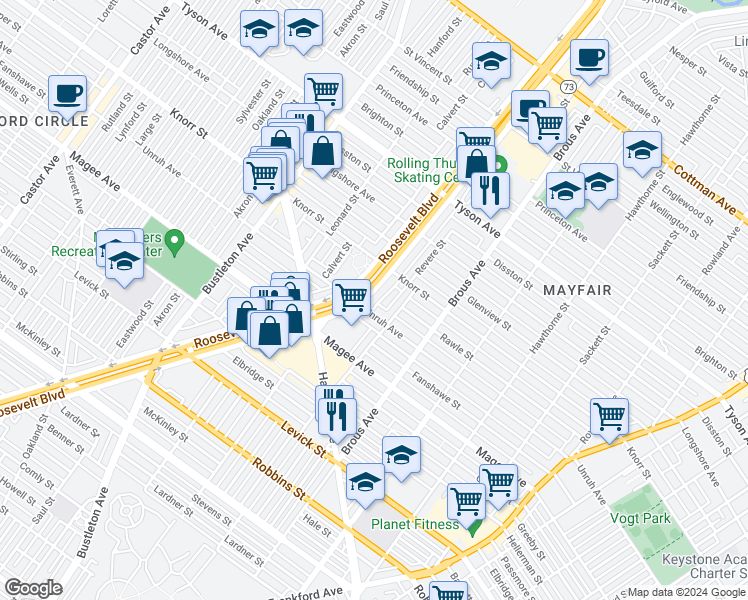 map of restaurants, bars, coffee shops, grocery stores, and more near 2719 Unruh Avenue in Philadelphia