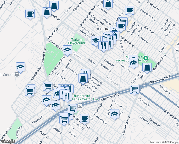 map of restaurants, bars, coffee shops, grocery stores, and more near 6127 Alma Street in Philadelphia