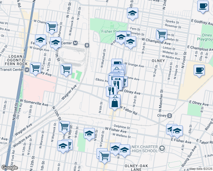 map of restaurants, bars, coffee shops, grocery stores, and more near 538 West Olney Avenue in Philadelphia