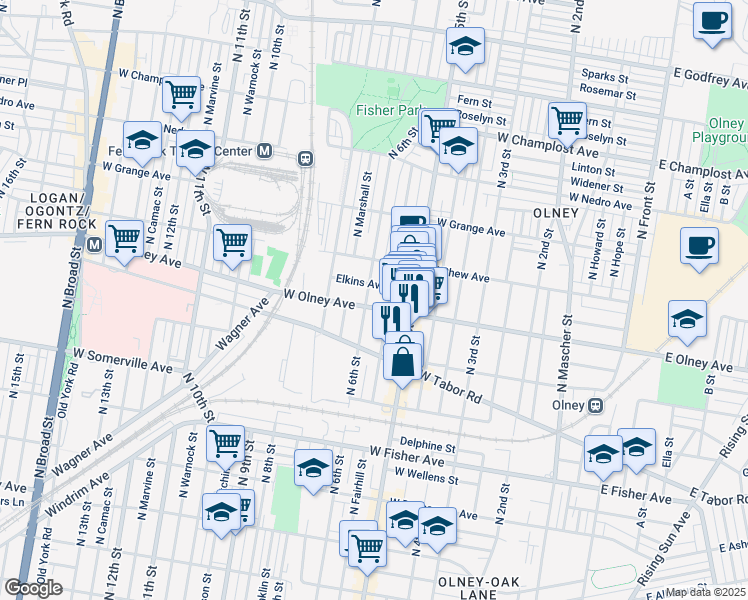 map of restaurants, bars, coffee shops, grocery stores, and more near 543 W Olney Ave in Philadelphia