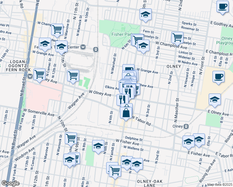 map of restaurants, bars, coffee shops, grocery stores, and more near 545 West Olney Avenue in Philadelphia