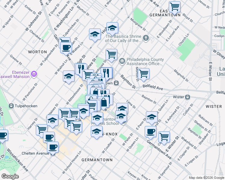 map of restaurants, bars, coffee shops, grocery stores, and more near 57 East Armat Street in Philadelphia