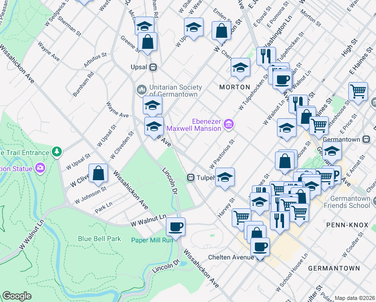 map of restaurants, bars, coffee shops, grocery stores, and more near 6222 Wayne Avenue in Philadelphia