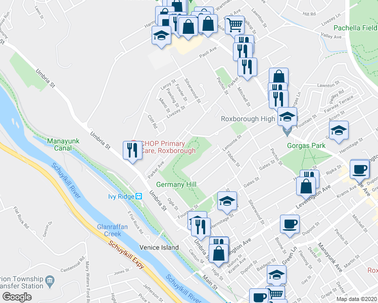 map of restaurants, bars, coffee shops, grocery stores, and more near 5021 Fowler Street in Philadelphia