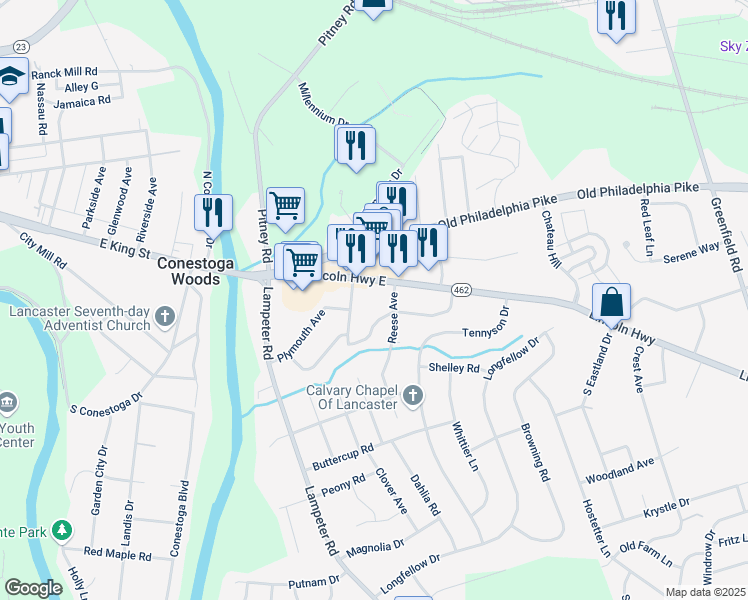 map of restaurants, bars, coffee shops, grocery stores, and more near 1665 Susan Avenue in Lancaster
