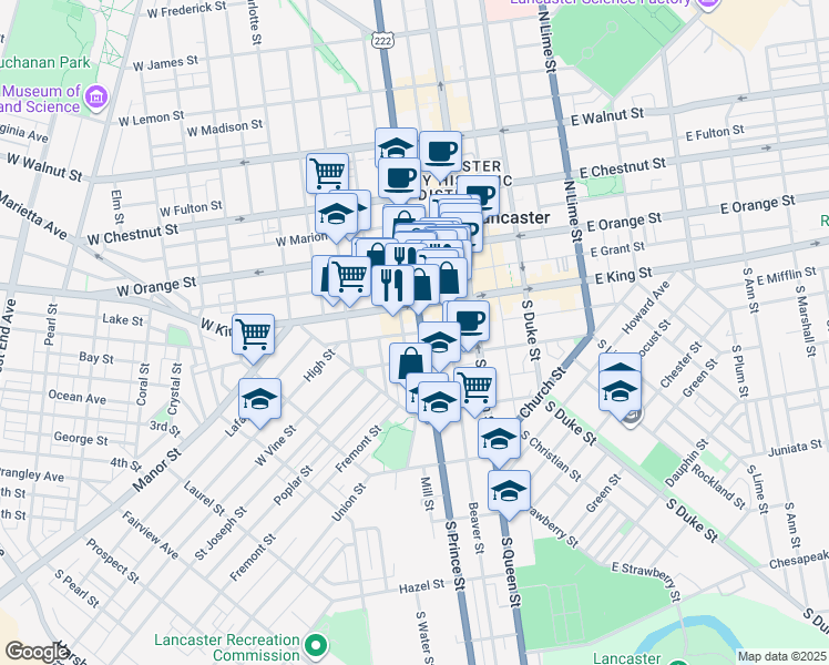 map of restaurants, bars, coffee shops, grocery stores, and more near 38 South Prince Street in Lancaster
