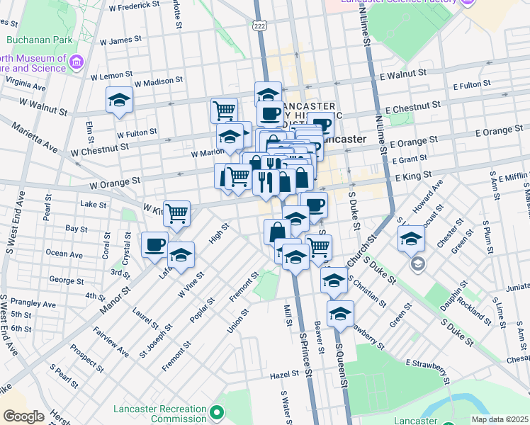 map of restaurants, bars, coffee shops, grocery stores, and more near 34 South Arch Street in Lancaster
