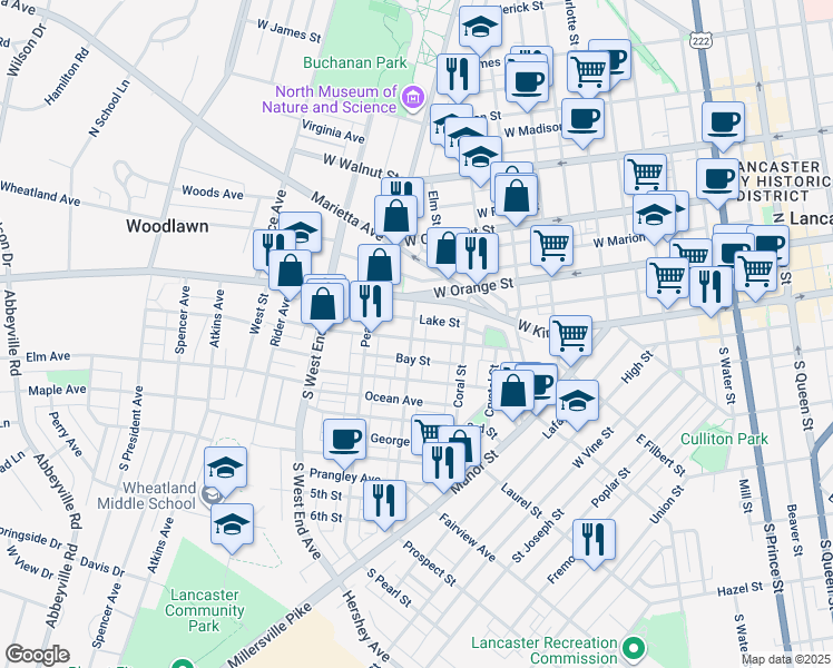 map of restaurants, bars, coffee shops, grocery stores, and more near 657 1st Street in Lancaster