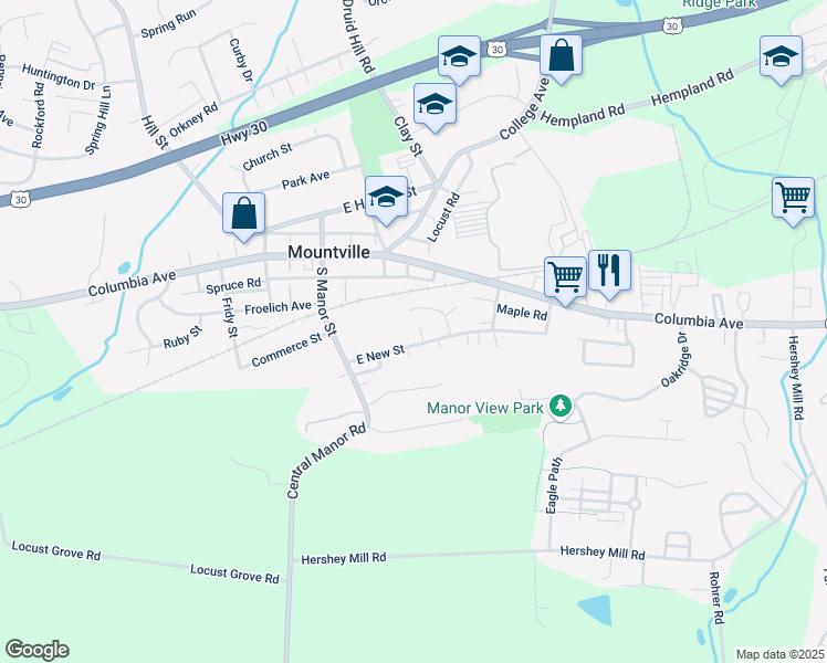 map of restaurants, bars, coffee shops, grocery stores, and more near 51 East New Street in Mountville