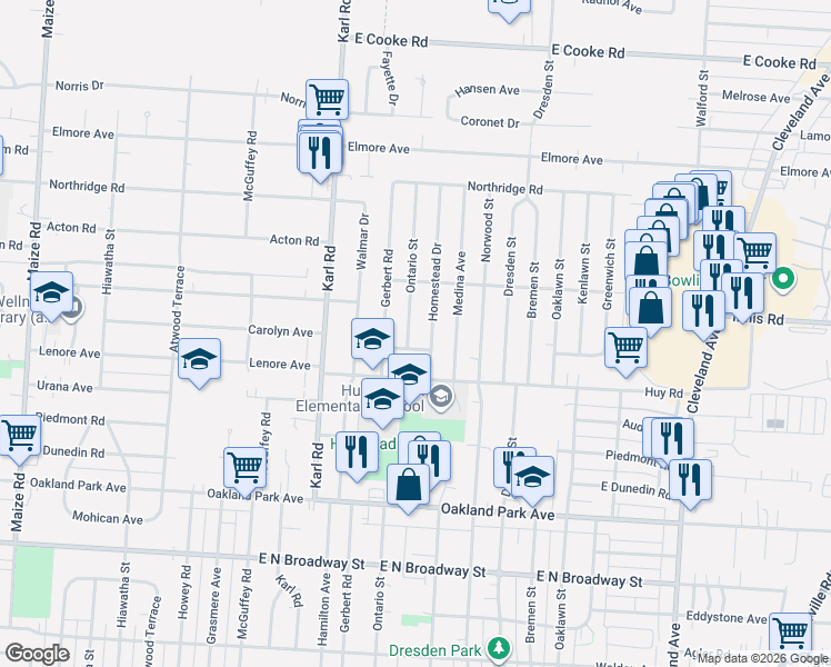 map of restaurants, bars, coffee shops, grocery stores, and more near 3419 Homestead Drive in Columbus