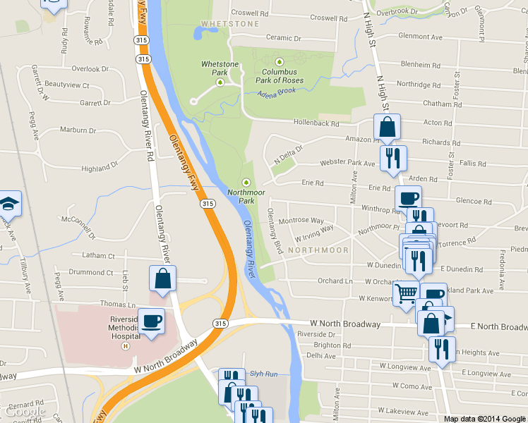 map of restaurants, bars, coffee shops, grocery stores, and more near 3711 Olentangy Boulevard in Columbus