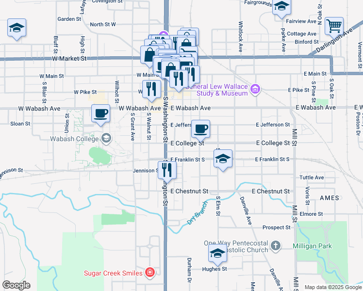 map of restaurants, bars, coffee shops, grocery stores, and more near 506 South Green Street in Crawfordsville