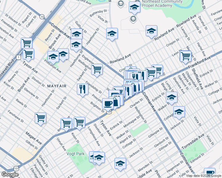 map of restaurants, bars, coffee shops, grocery stores, and more near 3417 Saint Vincent Street in Philadelphia