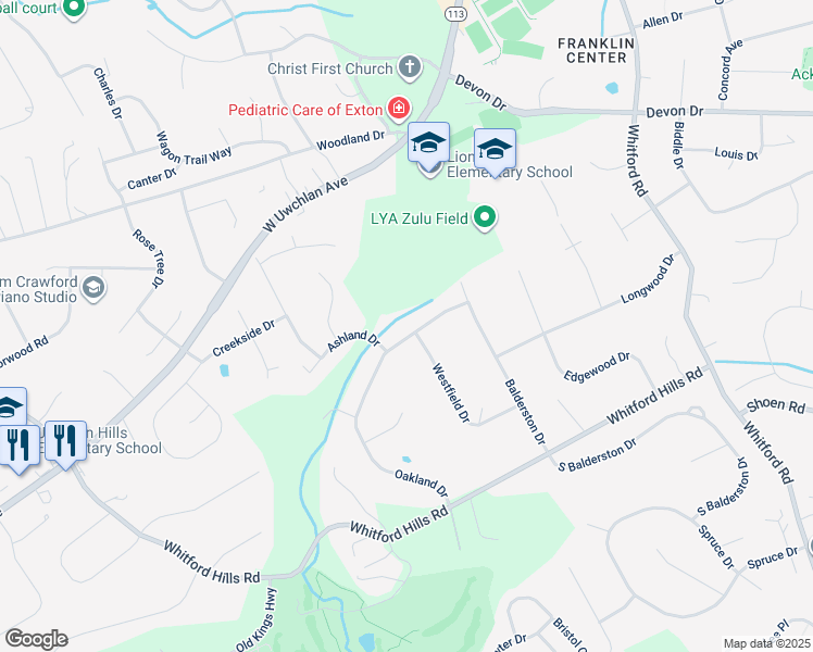 map of restaurants, bars, coffee shops, grocery stores, and more near 49 Oakland Drive in Downingtown
