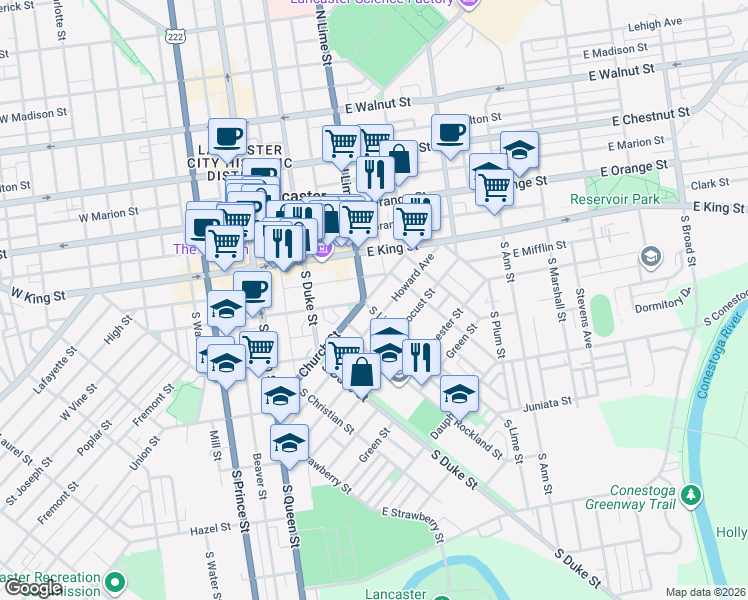 map of restaurants, bars, coffee shops, grocery stores, and more near 319 South Lime Street in Lancaster