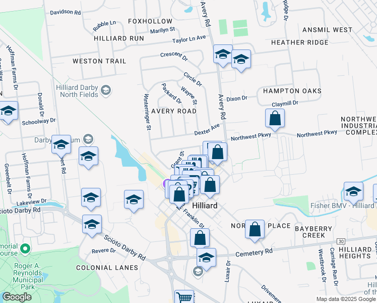 map of restaurants, bars, coffee shops, grocery stores, and more near 4160 Grant Street in Hilliard