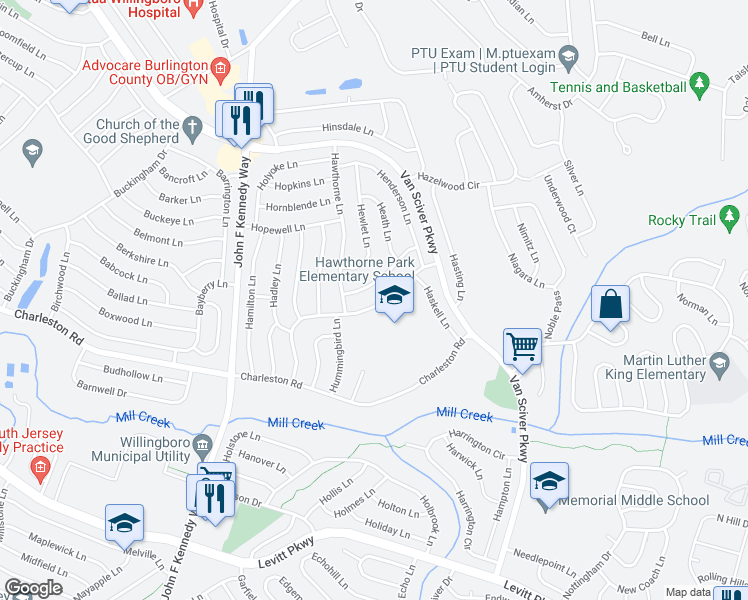 map of restaurants, bars, coffee shops, grocery stores, and more near 85 Hampshire Lane in Willingboro