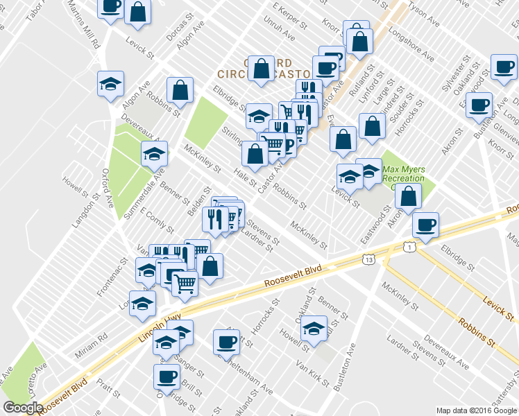 map of restaurants, bars, coffee shops, grocery stores, and more near 1417 Devereaux Avenue in Philadelphia