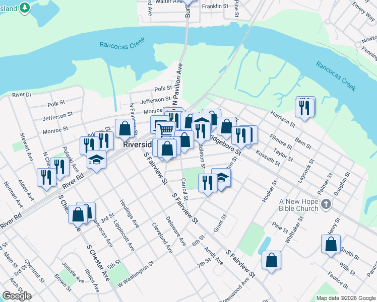 map of restaurants, bars, coffee shops, grocery stores, and more near 47 Webster Street in Riverside