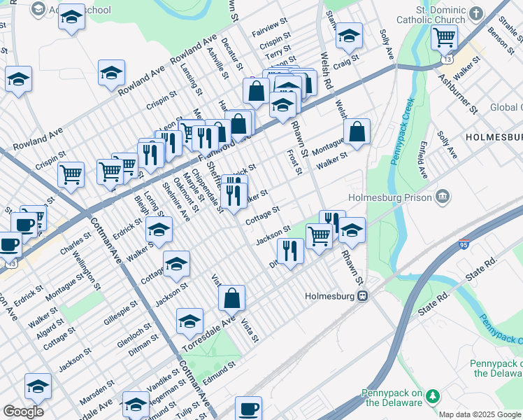 map of restaurants, bars, coffee shops, grocery stores, and more near 7758 Cottage Street in Philadelphia