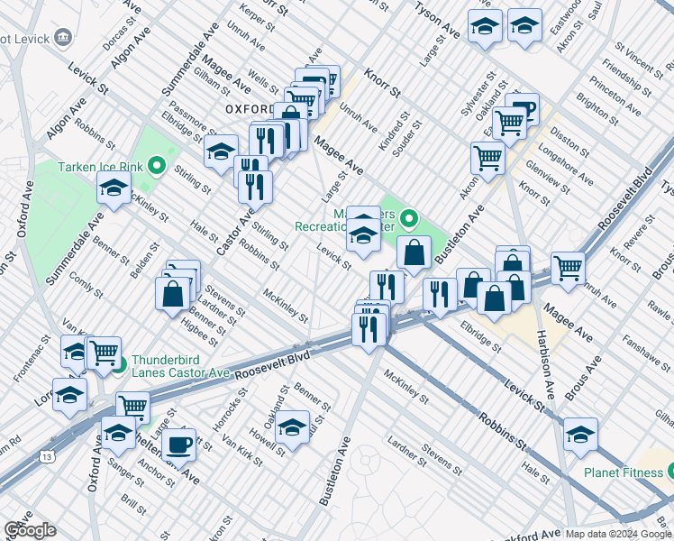 map of restaurants, bars, coffee shops, grocery stores, and more near 6341 Horrocks Street in Philadelphia