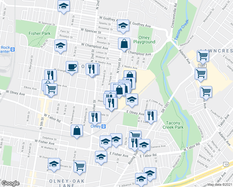map of restaurants, bars, coffee shops, grocery stores, and more near 5701 North Front Street in Philadelphia