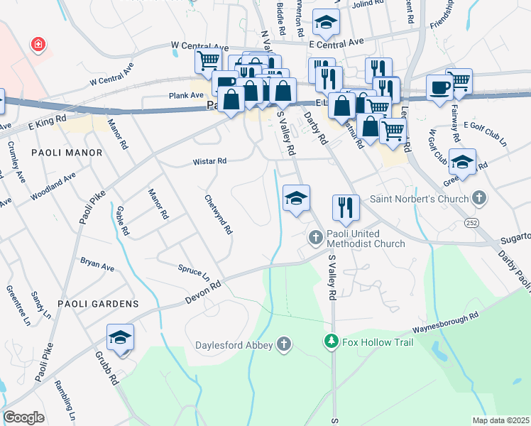 map of restaurants, bars, coffee shops, grocery stores, and more near 16 Cobblestone Drive in Paoli