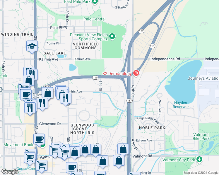 map of restaurants, bars, coffee shops, grocery stores, and more near 3665 Iris Avenue in Boulder