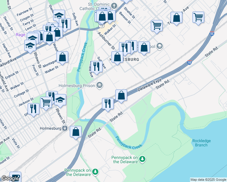 map of restaurants, bars, coffee shops, grocery stores, and more near 8215 Torresdale Avenue in Philadelphia